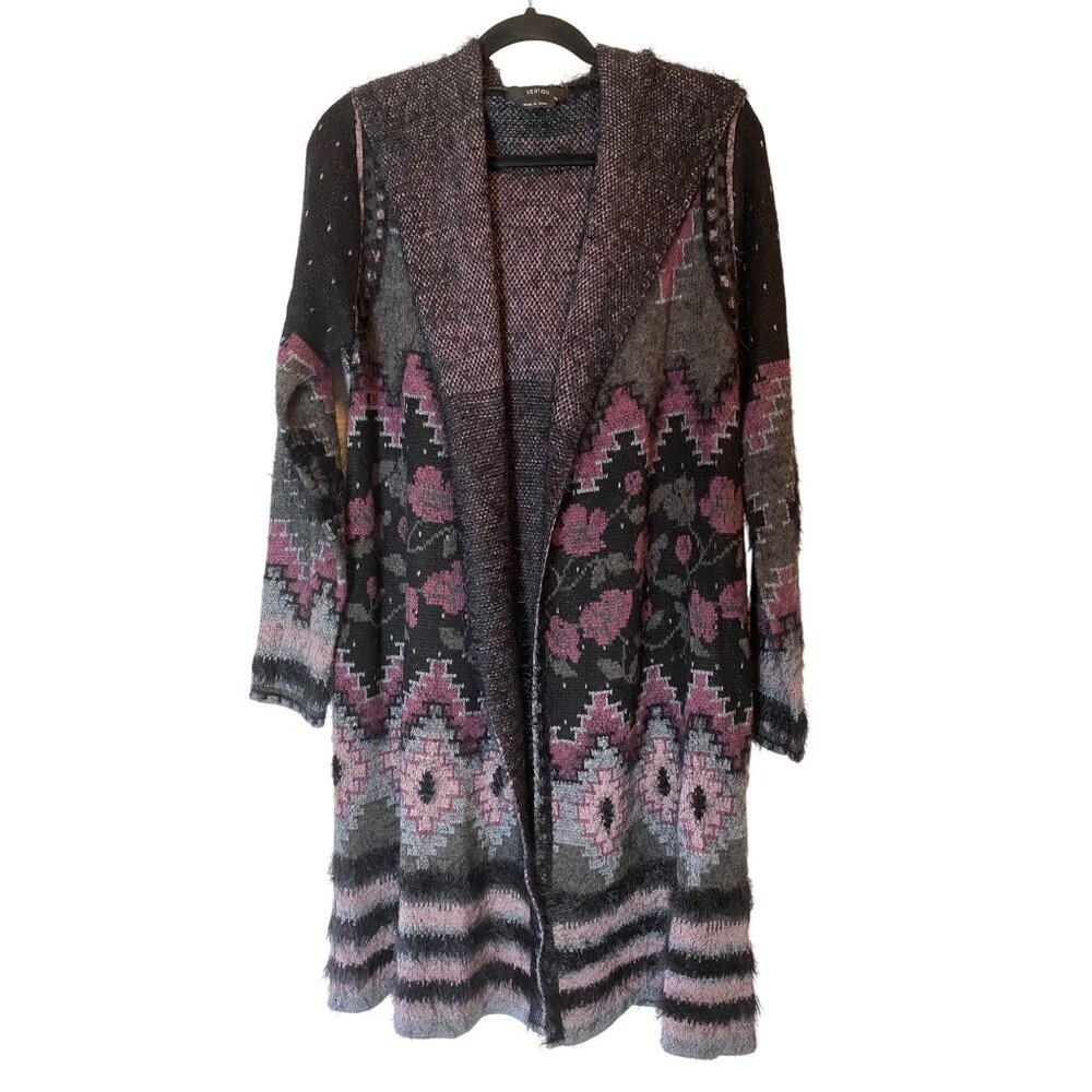 Vertigo Hooded Cardigan Sweater Floral & Geometric Pattern Small - Picture 1 of 8